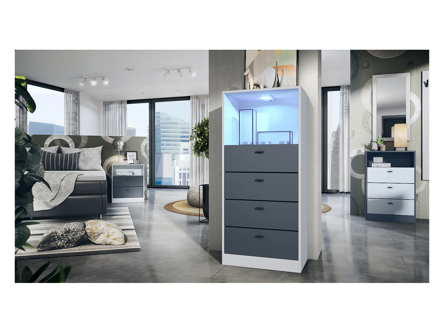 Commode Buffet Pino V3, avec 4 tiroirs & 1 compartiment ouvert, Anthracite mat/undefined avec éclairage LED RVB (56 x 125 x 36 cm)