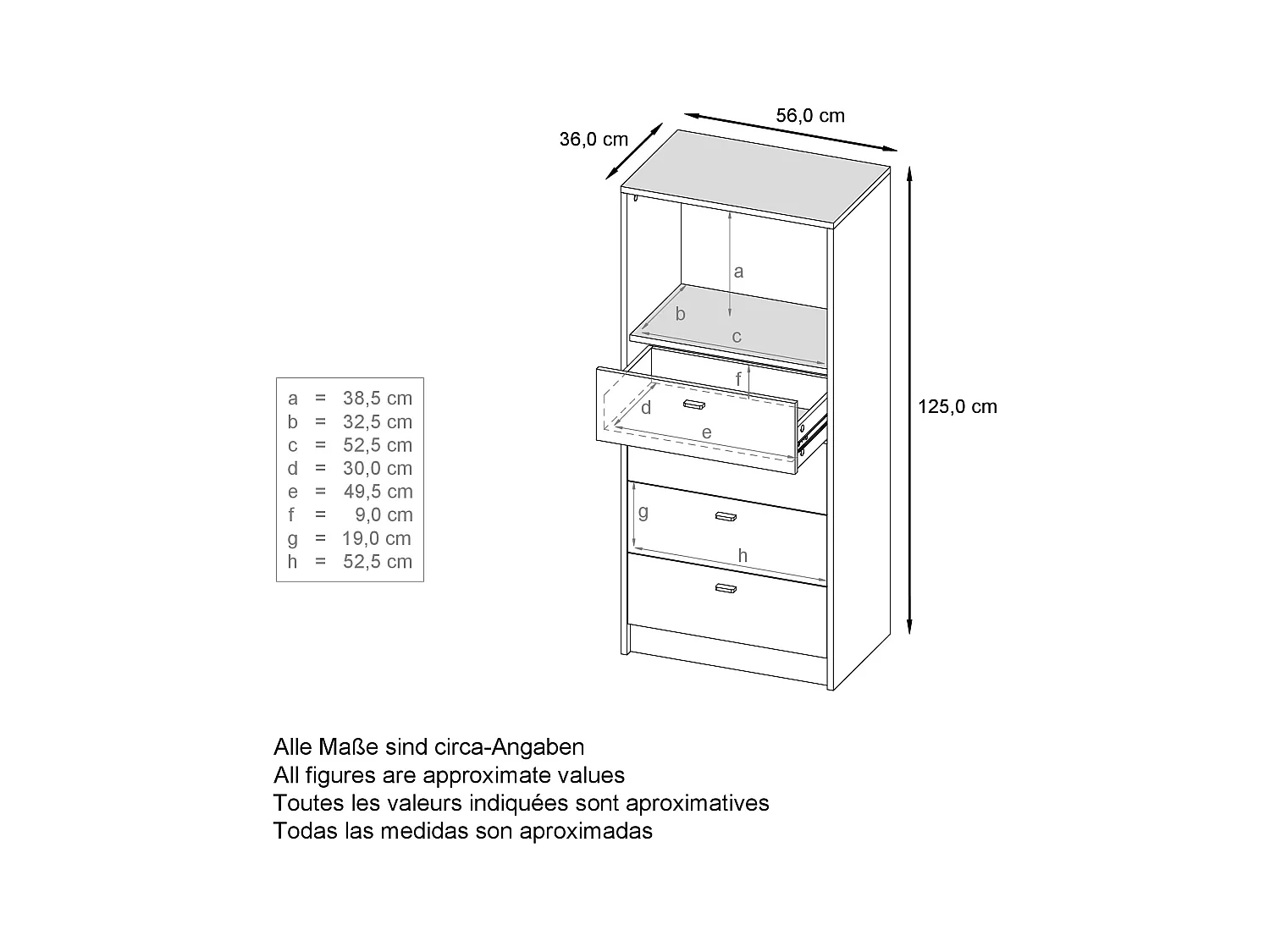 Commode Buffet Pino V3, avec 4 tiroirs & 1 compartiment ouvert, Anthracite mat/undefined avec éclairage LED RVB (56 x 125 x 36 cm)