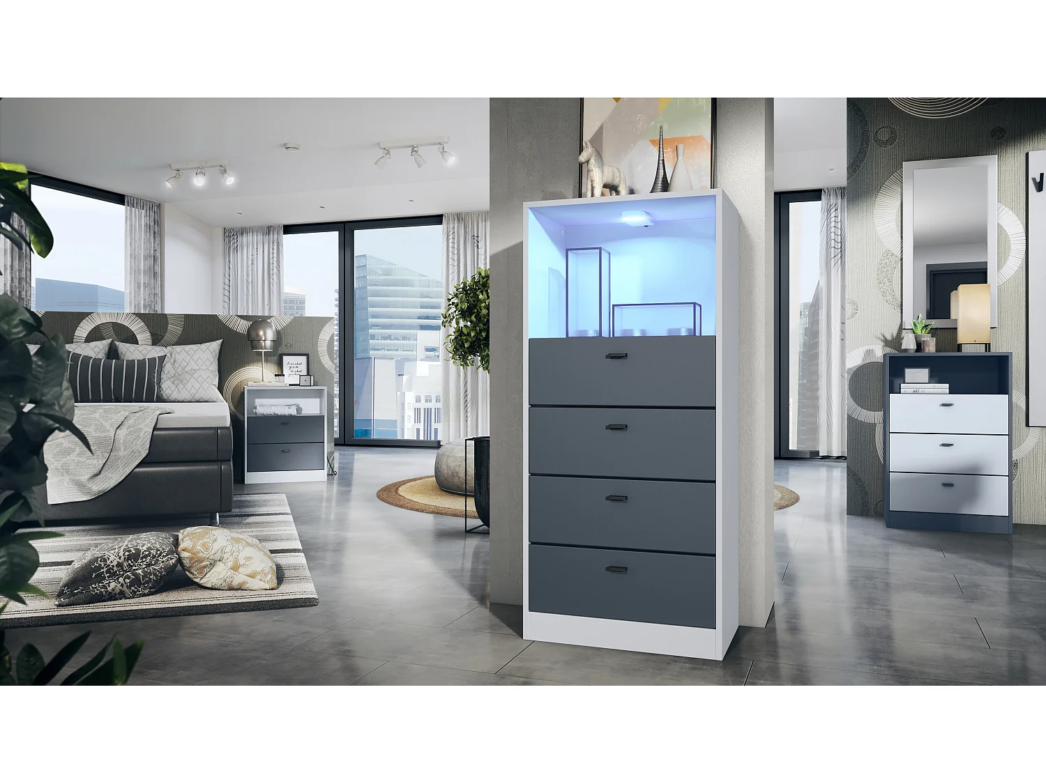 Commode Buffet Pino V3, avec 4 tiroirs & 1 compartiment ouvert, Anthracite mat/undefined avec éclairage LED RVB (56 x 125 x 36 cm)