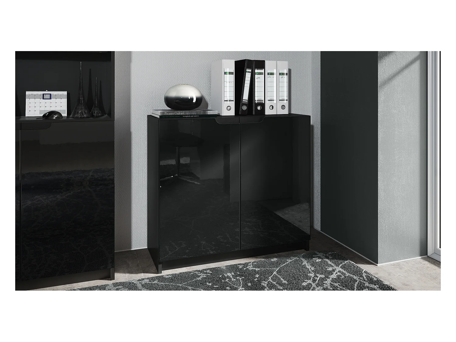 Buffet Logan, Commode avec 2 portes, noir mat/noir haute brillance (82 x 78 x 37 cm)