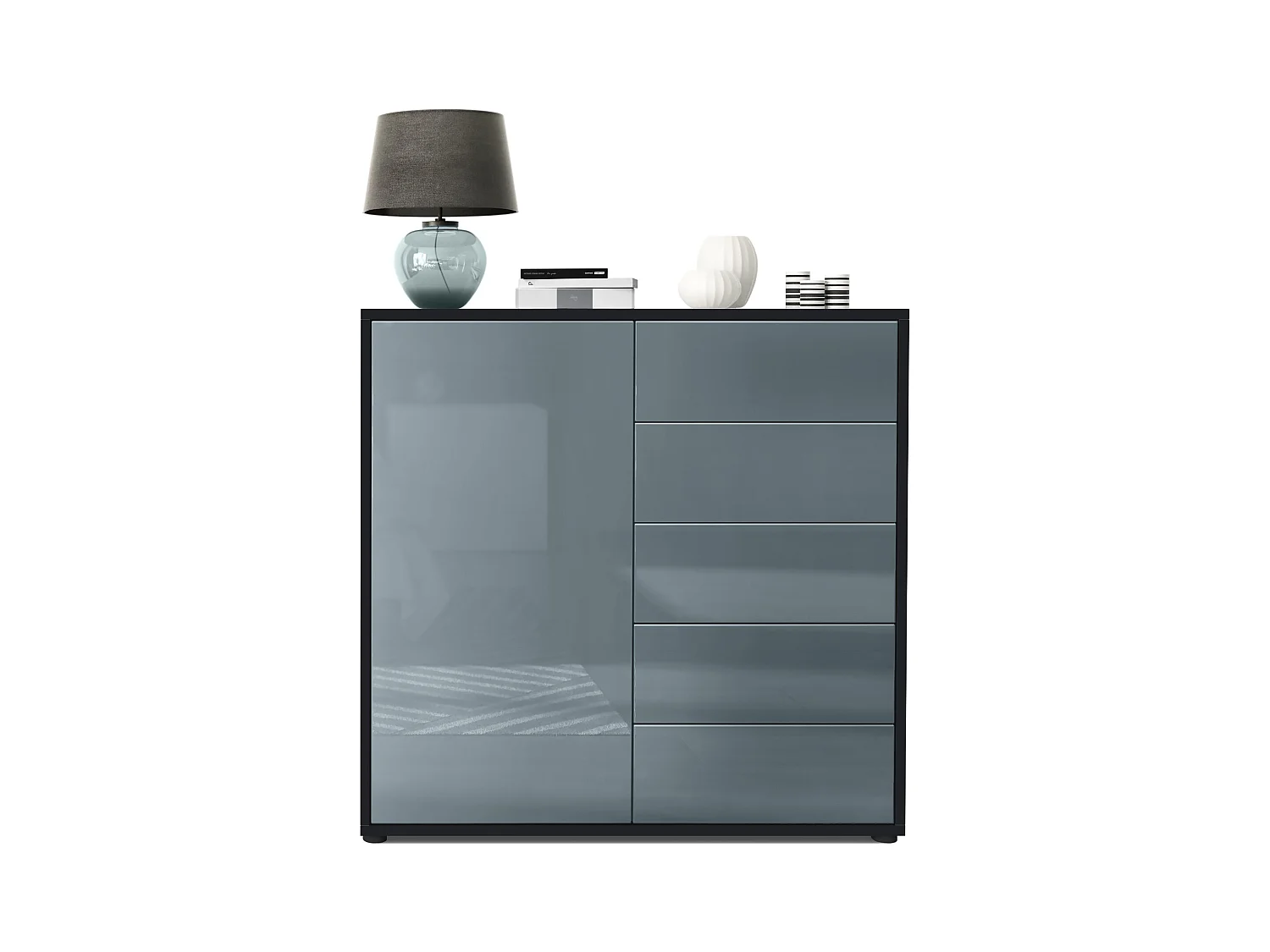 Buffet Ben V2, Commode avec 1 portes et 5 tiroirs, Noir mat/Gris haute brillance (79 x 74 x 36 cm)