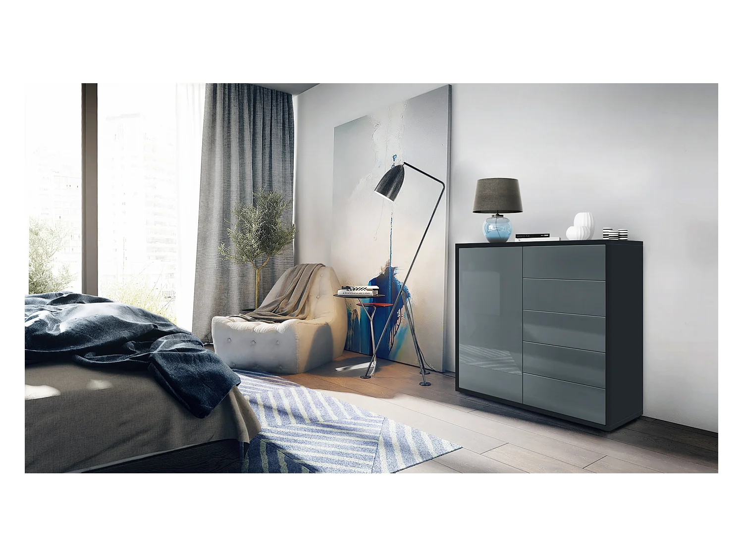 Buffet Ben V2, Commode avec 1 portes et 5 tiroirs, Noir mat/Gris haute brillance (79 x 74 x 36 cm)