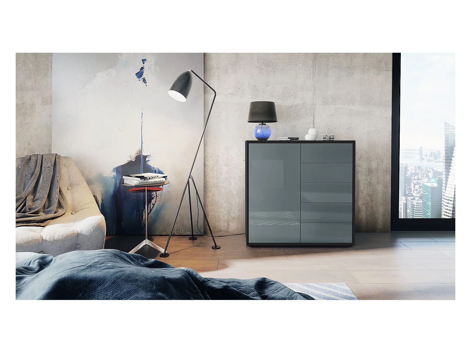 Buffet Ben V2, Commode avec 1 portes et 5 tiroirs, Noir mat/Gris haute brillance (79 x 74 x 36 cm)