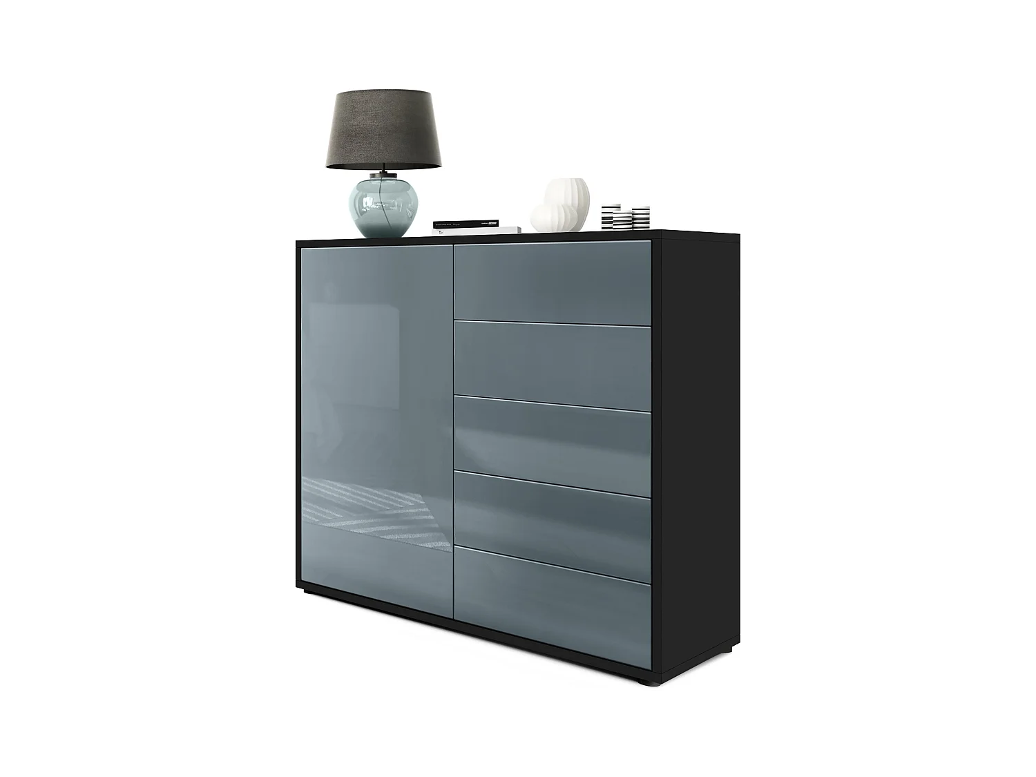 Buffet Ben V2, Commode avec 1 portes et 5 tiroirs, Noir mat/Gris haute brillance (79 x 74 x 36 cm)