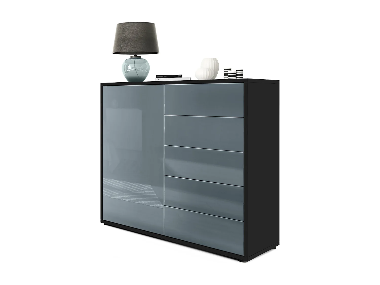 Madia  Ben V2, mobile con 1 anta e 5 cassetti, nero opaco/grigio lucido (79 x 74 x 36 cm)