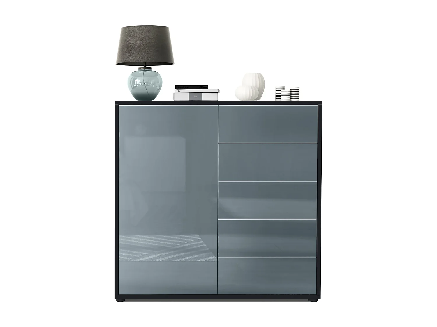 Madia  Ben V2, mobile con 1 anta e 5 cassetti, nero opaco/grigio lucido (79 x 74 x 36 cm)