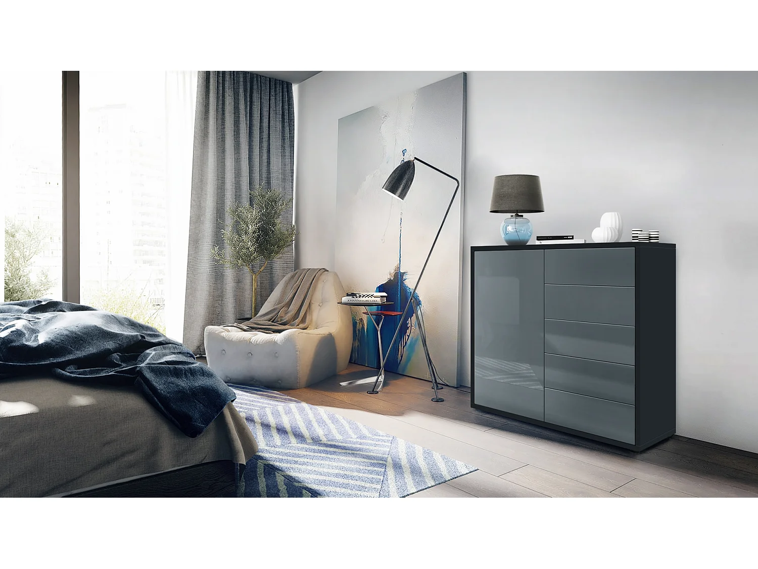 Madia  Ben V2, mobile con 1 anta e 5 cassetti, nero opaco/grigio lucido (79 x 74 x 36 cm)