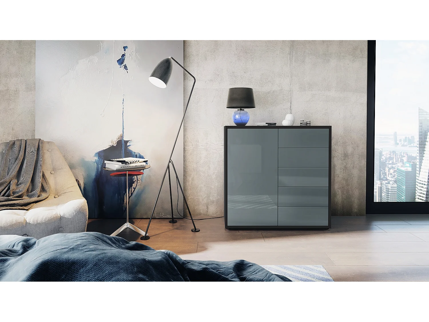 Madia  Ben V2, mobile con 1 anta e 5 cassetti, nero opaco/grigio lucido (79 x 74 x 36 cm)