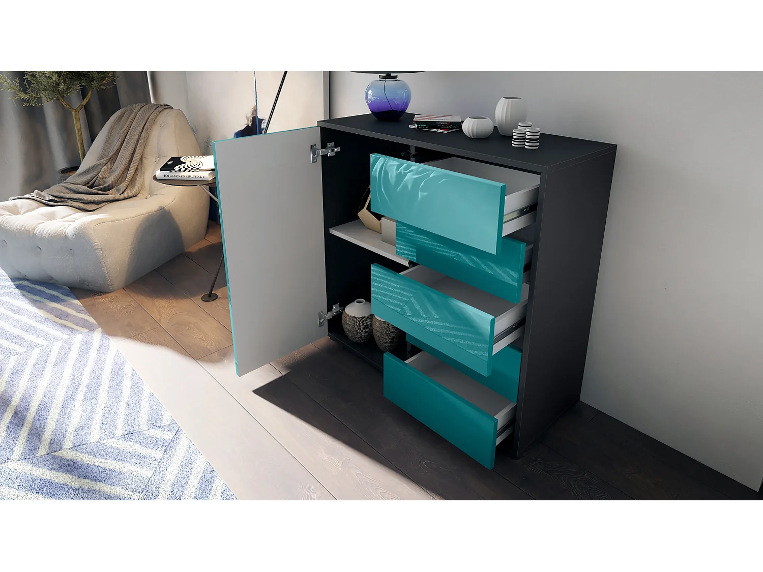 Madia  Ben V2, mobile con 1 anta e 5 cassetti, nero opaco/grigio lucido (79 x 74 x 36 cm)