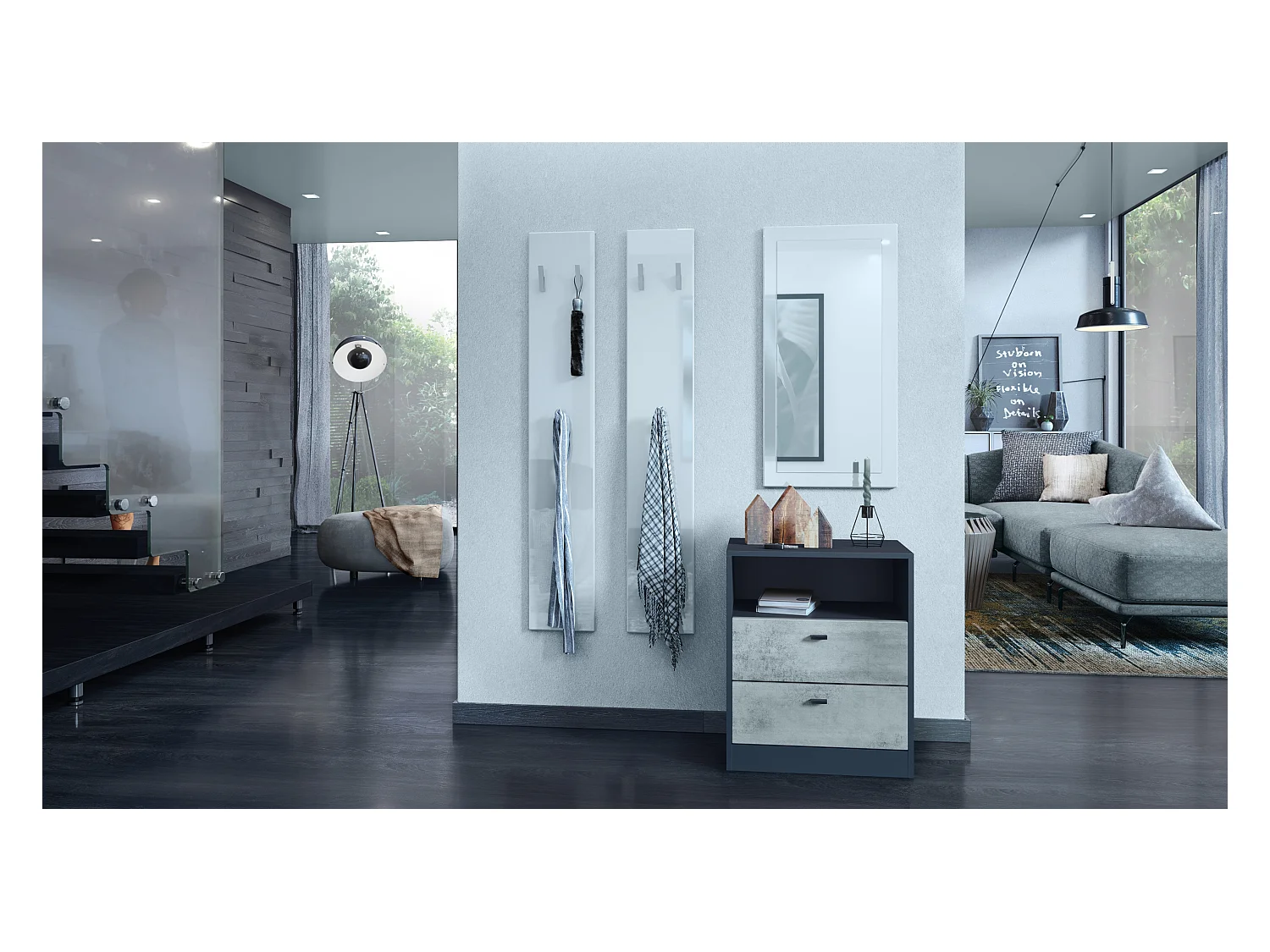 Buffet Pino V1, table de chevet avec 2 tiroirs & 1 compartiment ouvert, Anthracite mat/Aspect Béton Oxyde sans LED (56 x 67,5 x 36 cm)