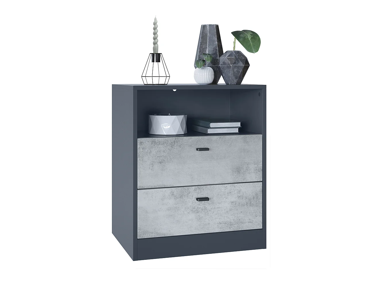 Buffet Pino V1, table de chevet avec 2 tiroirs & 1 compartiment ouvert, Anthracite mat/Aspect Béton Oxyde sans LED (56 x 67,5 x 36 cm)