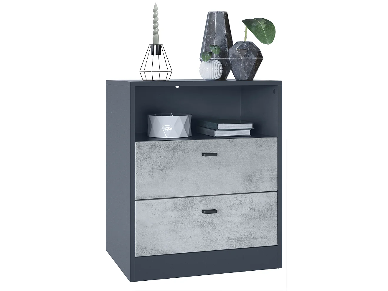 Buffet Pino V1, table de chevet avec 2 tiroirs & 1 compartiment ouvert, Anthracite mat/Aspect Béton Oxyde sans LED (56 x 67,5 x 36 cm)