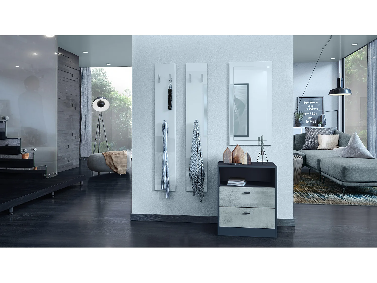 Buffet Pino V1, table de chevet avec 2 tiroirs & 1 compartiment ouvert, Anthracite mat/Aspect Béton Oxyde sans LED (56 x 67,5 x 36 cm)