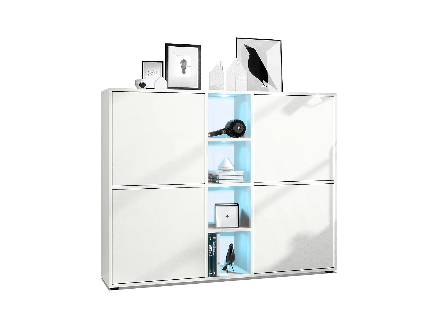 Highboard Cuba V3, blanc mat/blanc mat y compris LED - Buffet moderne à 12 compartiments (130,5 x 105,5 x 35,5 cm)