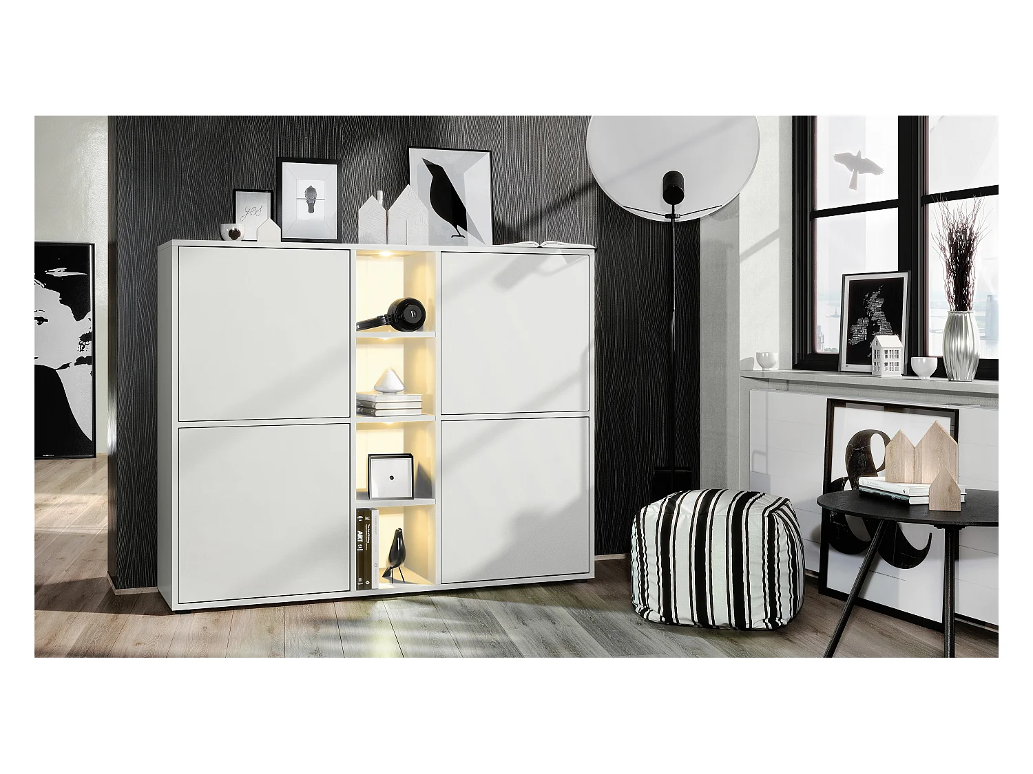 Highboard Cuba V3, blanc mat/blanc mat y compris LED - Buffet moderne à 12 compartiments (130,5 x 105,5 x 35,5 cm)