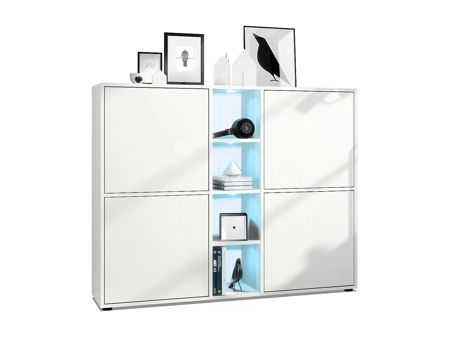 Vladon Credenza Cuba V3, bianco opaco/bianco opaco incl. LED - Credenza moderna con 12 scomparti (130,5 x 105,5 x 35,5 cm)
