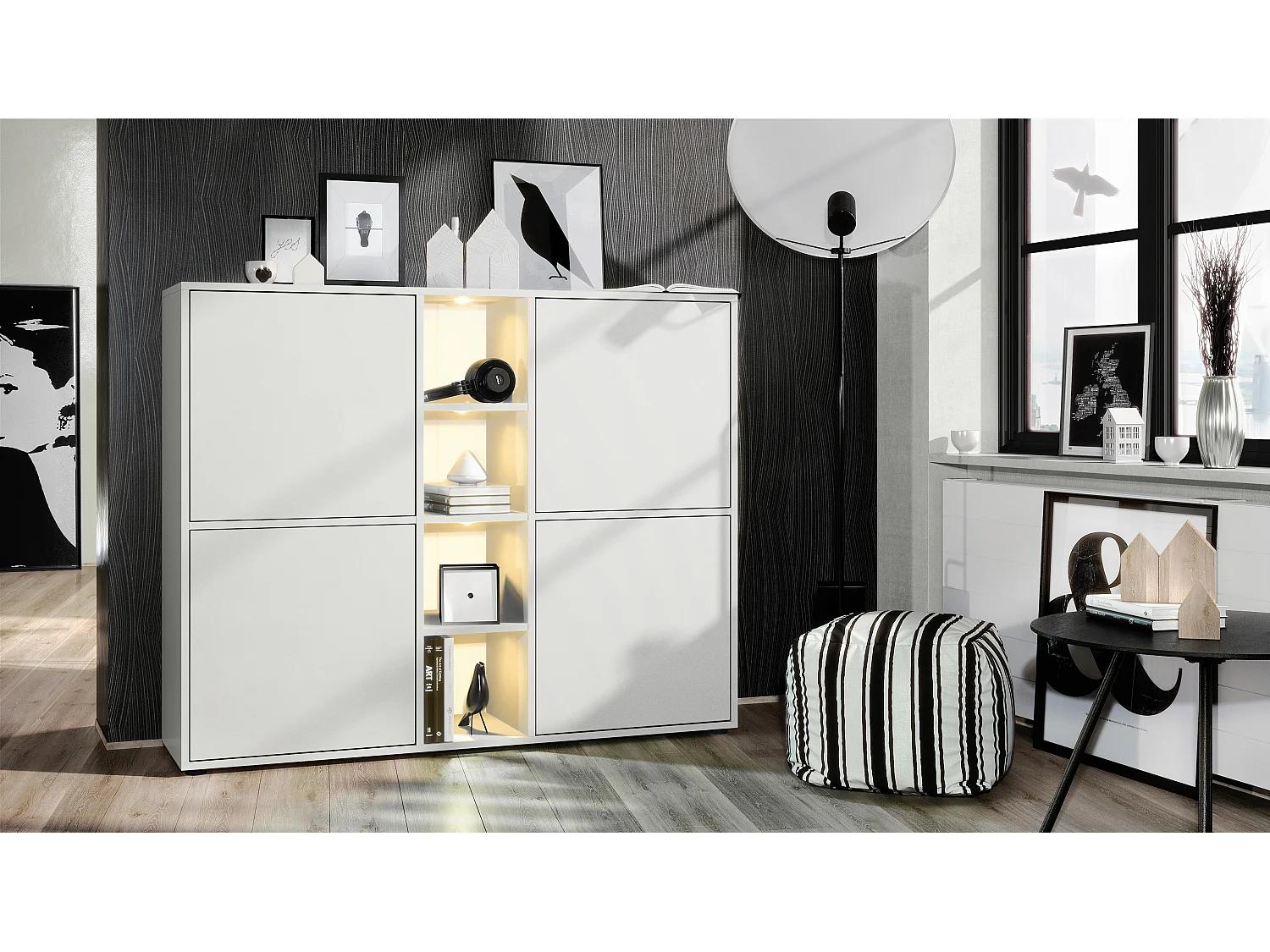 Vladon Credenza Cuba V3, bianco opaco/bianco opaco incl. LED - Credenza moderna con 12 scomparti (130,5 x 105,5 x 35,5 cm)