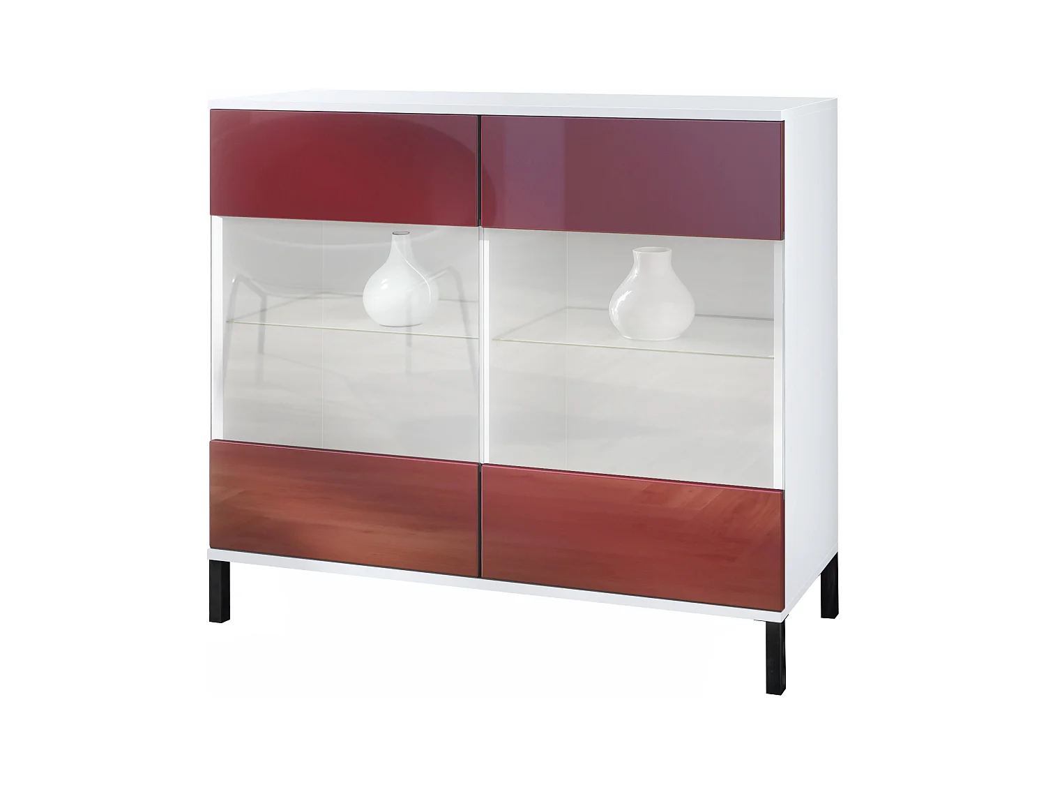 Commode Bari V3, Armoire de cuisine moderne avec 2 grandes portes vitrées blanc mat / bordeaux haute brillance (92,5 x 83.5 x 35)