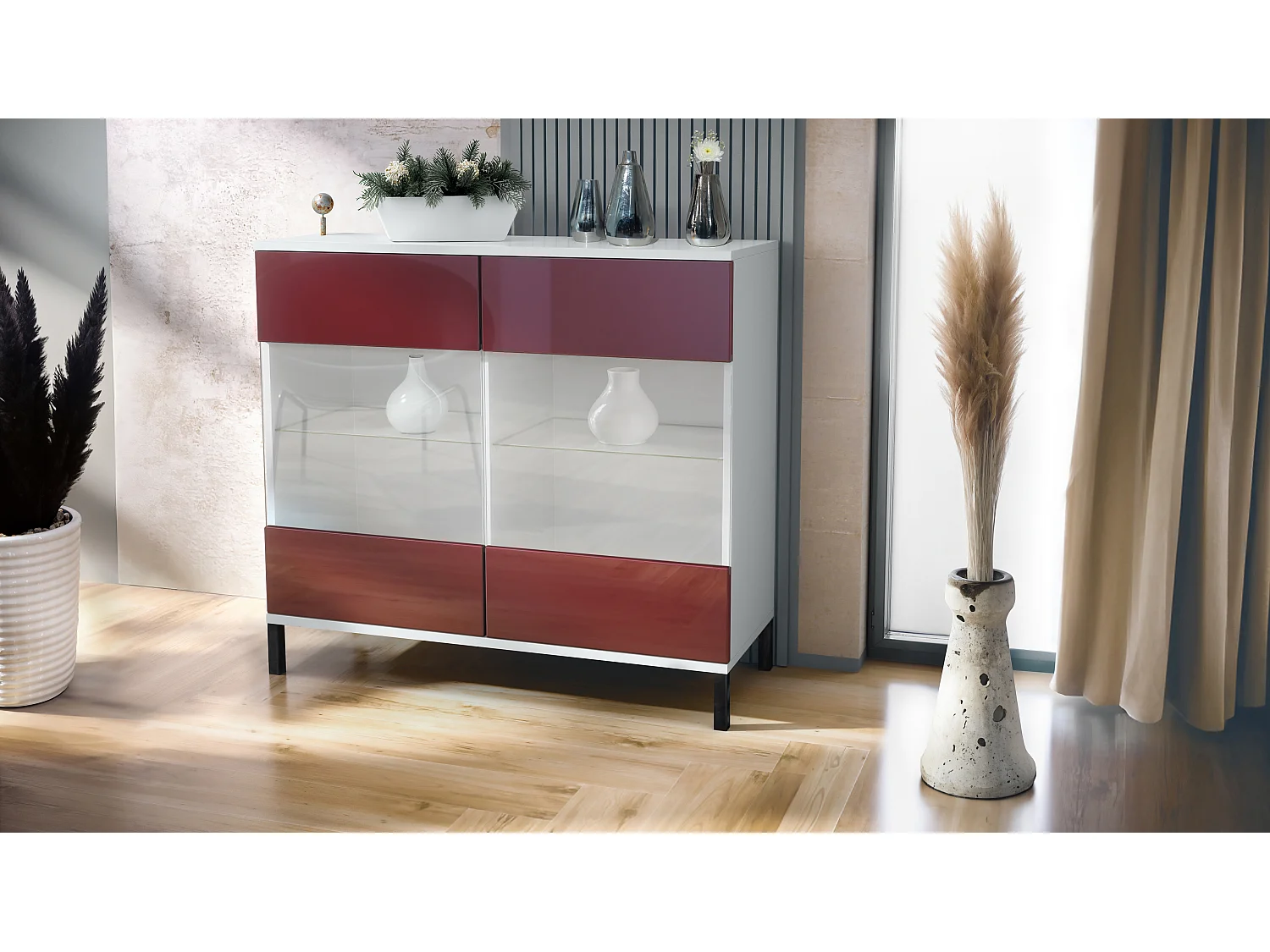Commode Bari V3, Armoire de cuisine moderne avec 2 grandes portes vitrées blanc mat / bordeaux haute brillance (92,5 x 83.5 x 35)