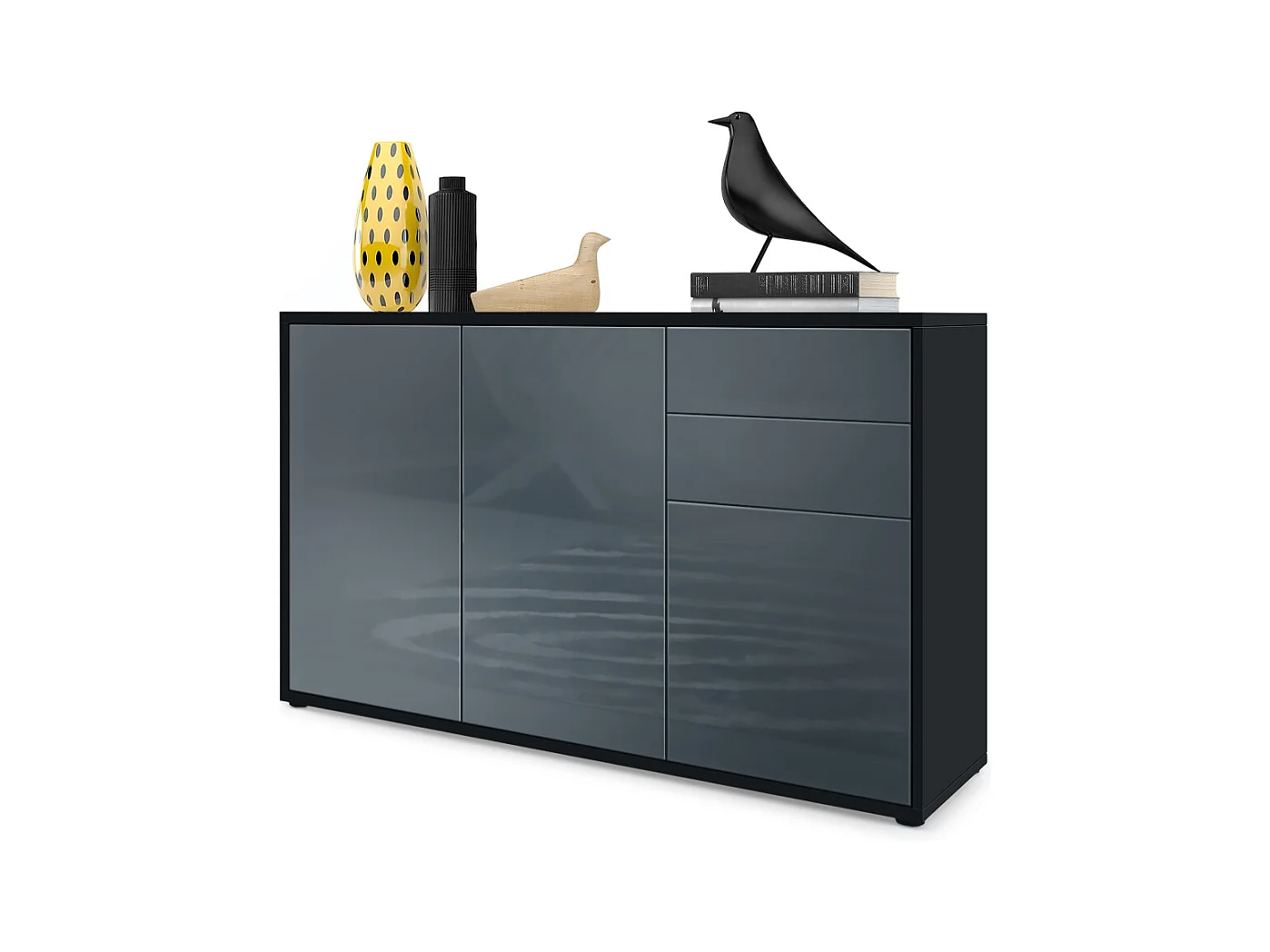 Buffet Ben V3, Commode avec 3 portes et 2 tiroirs, Noir mat/Gris haute brillance (117 x 74 x 36 cm)