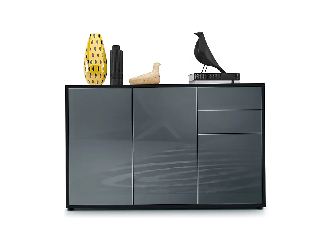 Buffet Ben V3, Commode avec 3 portes et 2 tiroirs, Noir mat/Gris haute brillance (117 x 74 x 36 cm)