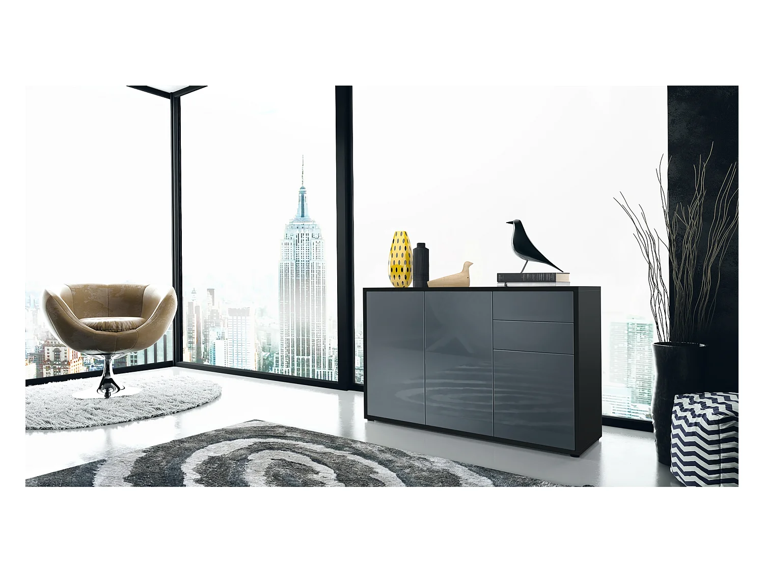 Buffet Ben V3, Commode avec 3 portes et 2 tiroirs, Noir mat/Gris haute brillance (117 x 74 x 36 cm)