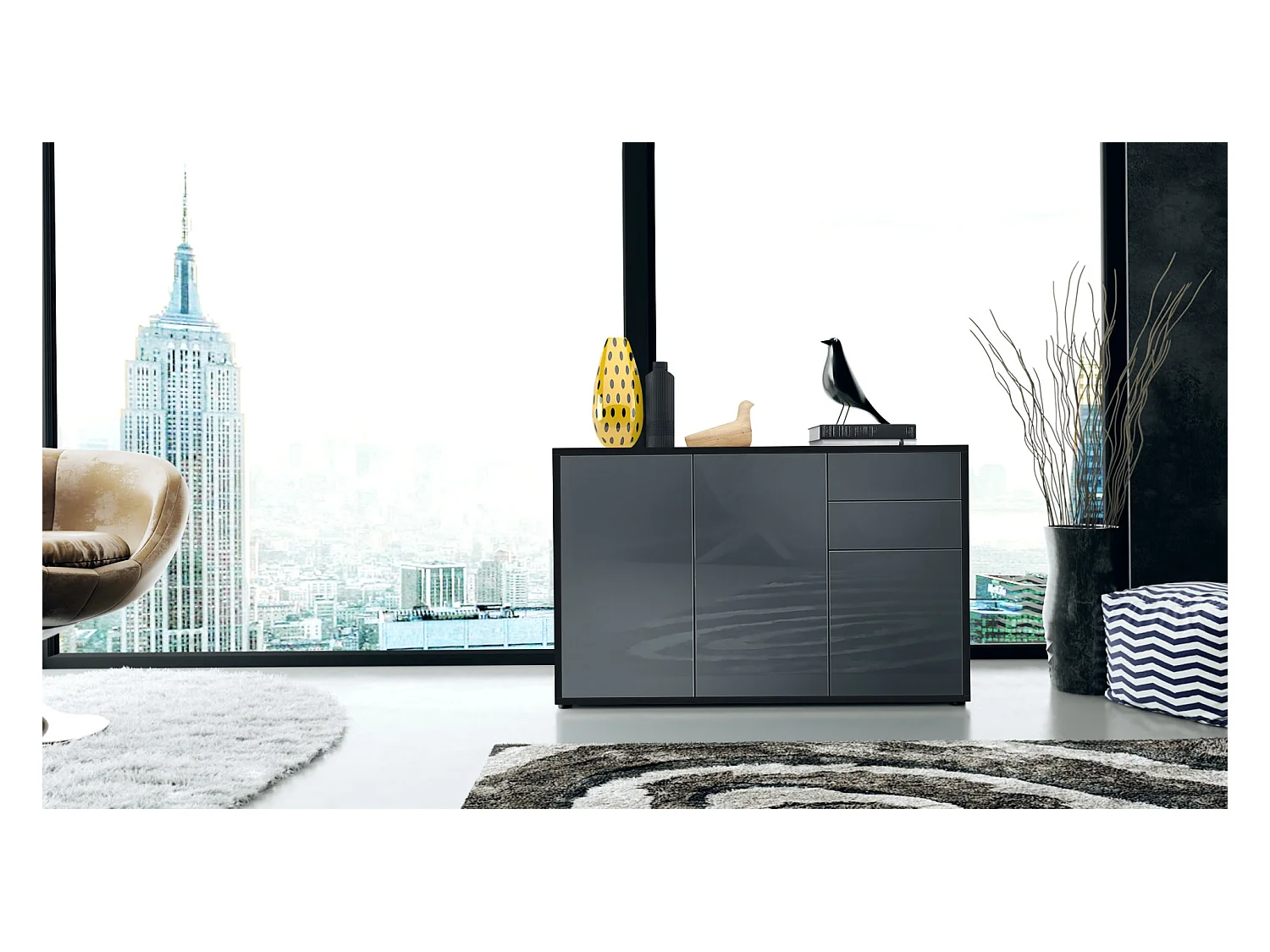 Buffet Ben V3, Commode avec 3 portes et 2 tiroirs, Noir mat/Gris haute brillance (117 x 74 x 36 cm)