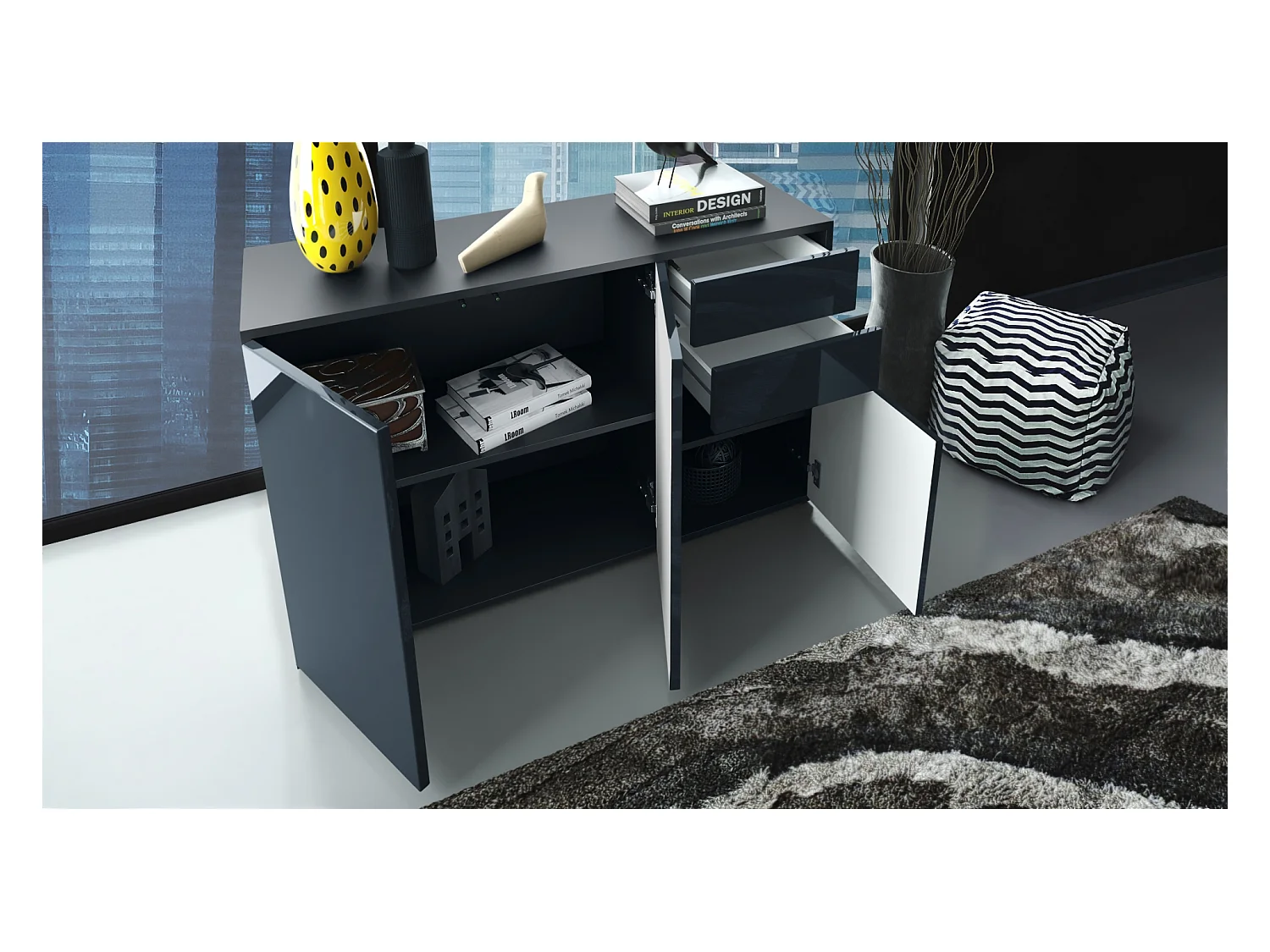 Buffet Ben V3, Commode avec 3 portes et 2 tiroirs, Noir mat/Gris haute brillance (117 x 74 x 36 cm)