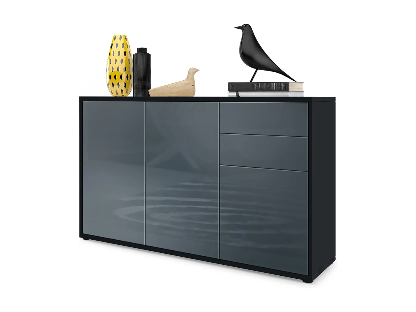 Buffet Ben V3, Commode avec 3 portes et 2 tiroirs, Noir mat/Gris haute brillance (117 x 74 x 36 cm)