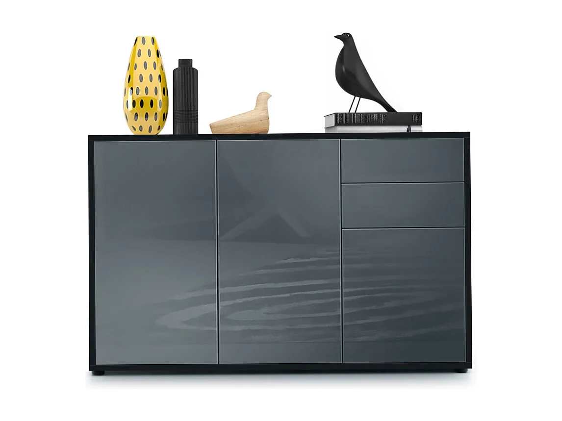 Buffet Ben V3, Commode avec 3 portes et 2 tiroirs, Noir mat/Gris haute brillance (117 x 74 x 36 cm)