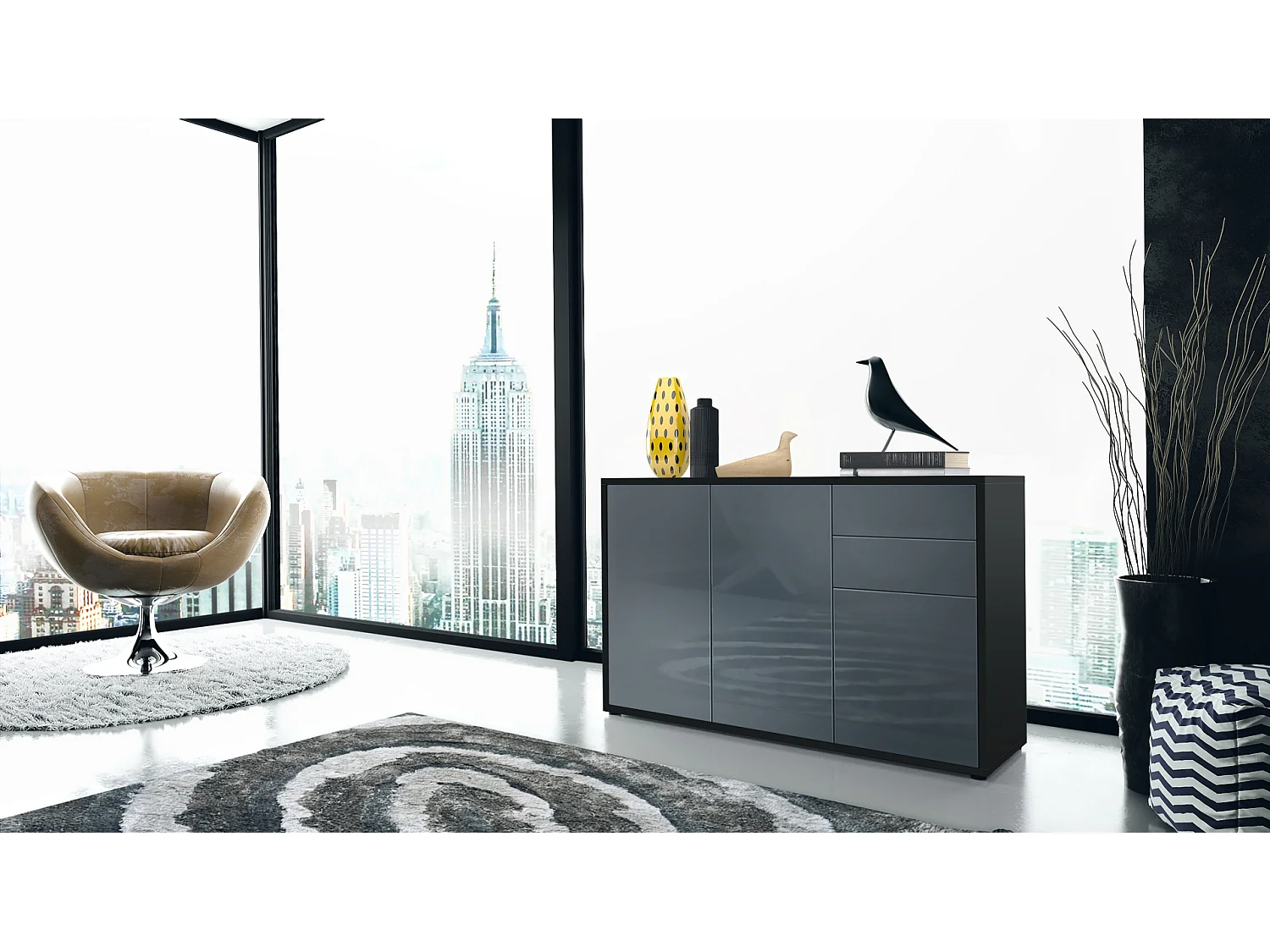 Buffet Ben V3, Commode avec 3 portes et 2 tiroirs, Noir mat/Gris haute brillance (117 x 74 x 36 cm)