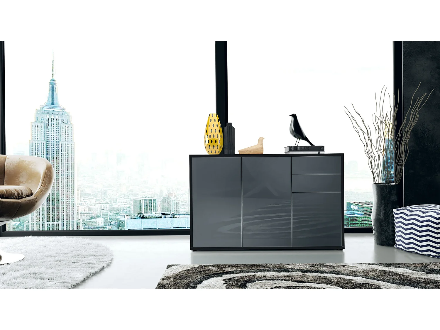 Buffet Ben V3, Commode avec 3 portes et 2 tiroirs, Noir mat/Gris haute brillance (117 x 74 x 36 cm)