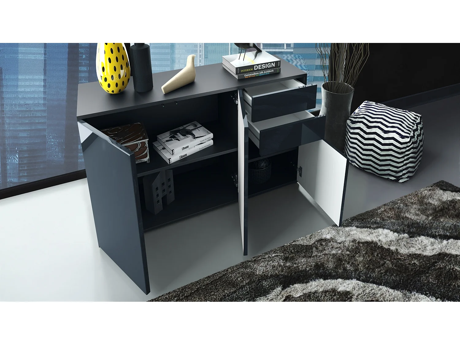 Buffet Ben V3, Commode avec 3 portes et 2 tiroirs, Noir mat/Gris haute brillance (117 x 74 x 36 cm)