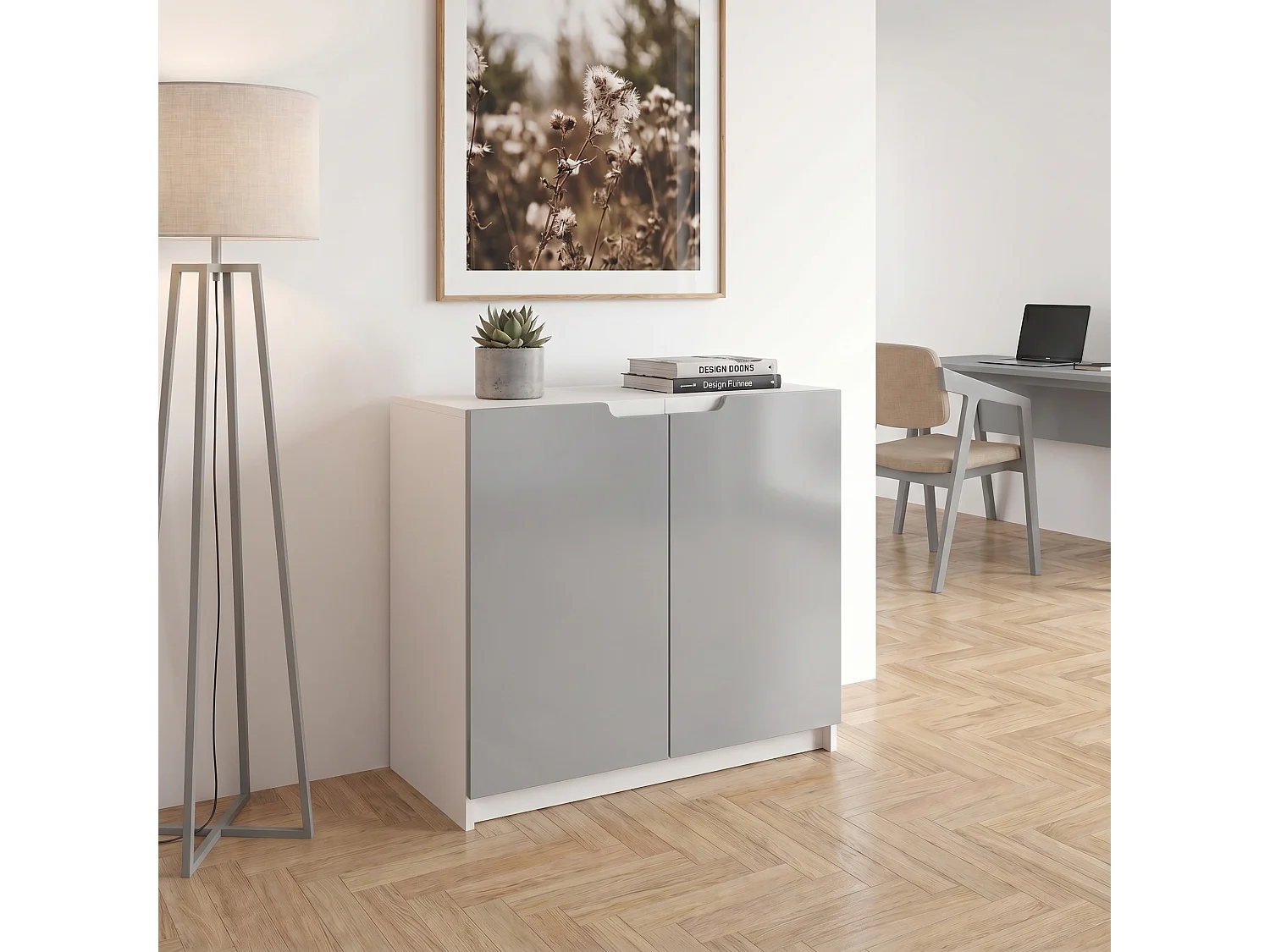 Madia Logan, mobile a 2 ante, bianco opaco/grigio chiaro semilucido (82 x 78 x 37 cm)