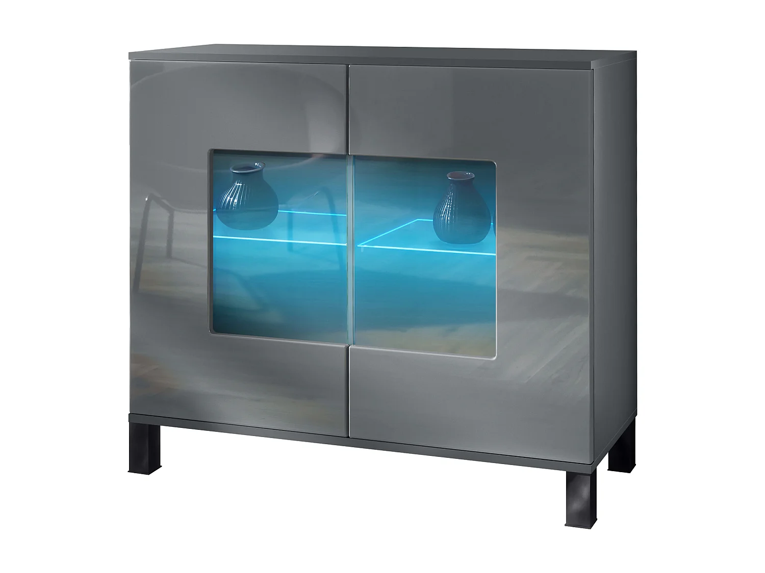 Commode Grömitz V3, Armoire de cuisine moderne avec 2 grandes portes vitrées incl. éclairage RGB anthracite mat / gris haute brillance (92,5 x 84.5 x 35)