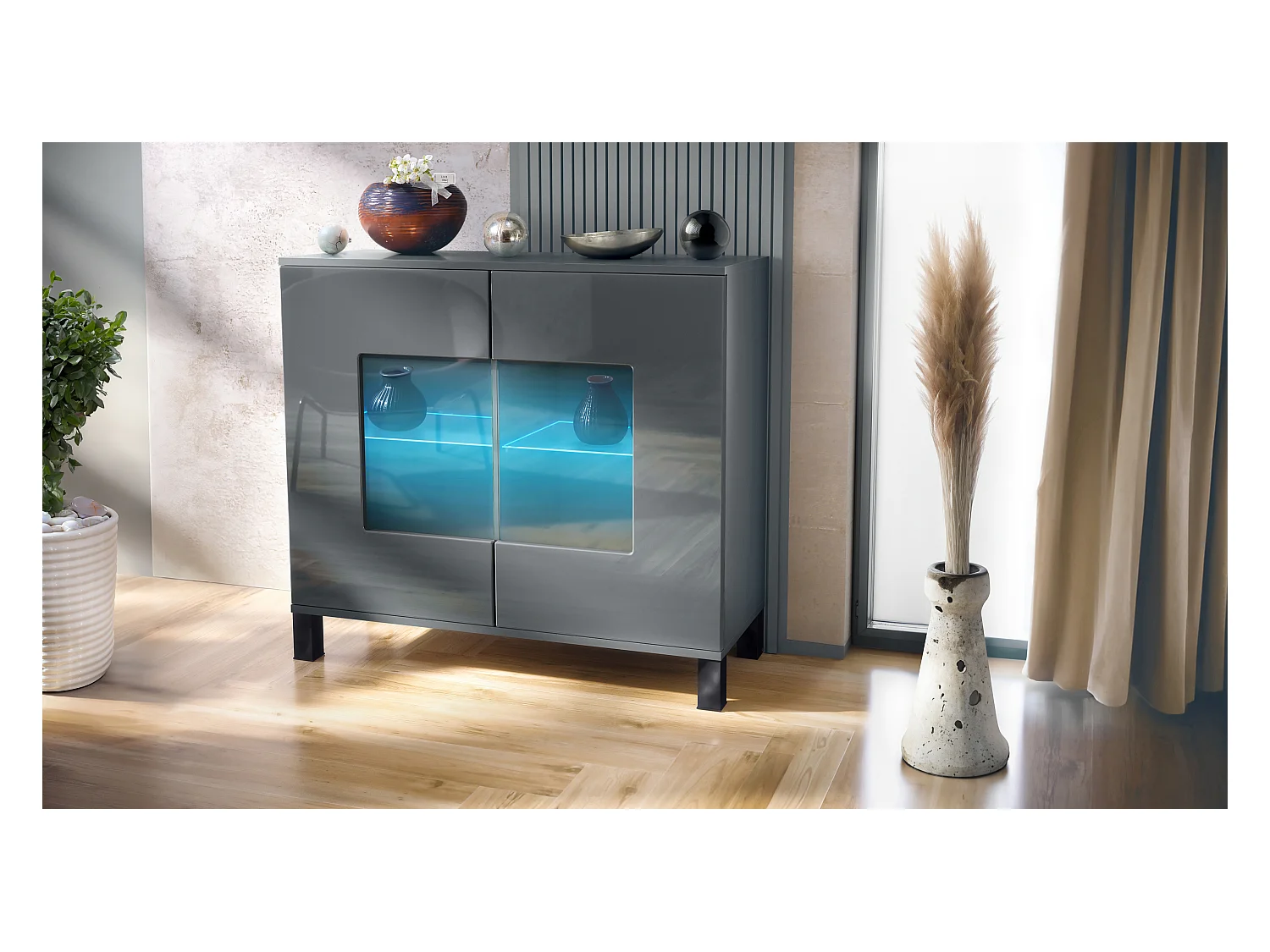 Commode Grömitz V3, Armoire de cuisine moderne avec 2 grandes portes vitrées incl. éclairage RGB anthracite mat / gris haute brillance (92,5 x 84.5 x 35)