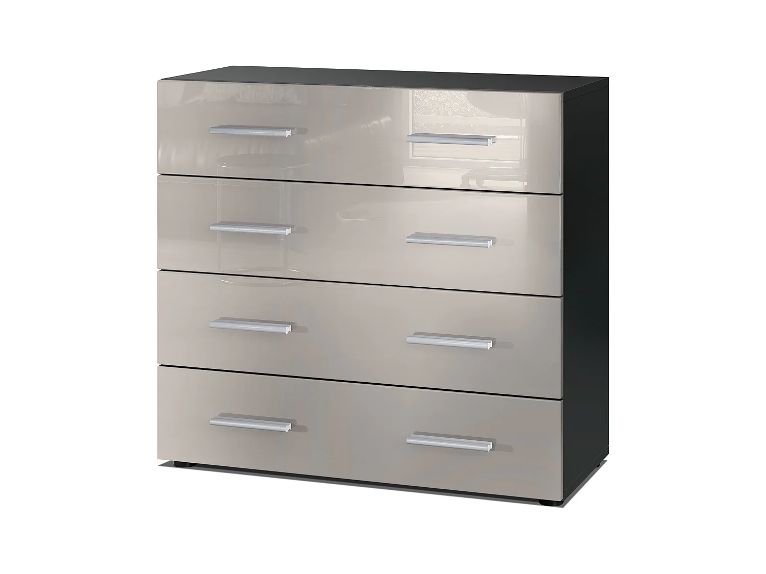 Buffet Pavos, Commode avec 4 tiroirs, noir mat/gris sable haute brillance (76 x 72 x 35 cm)