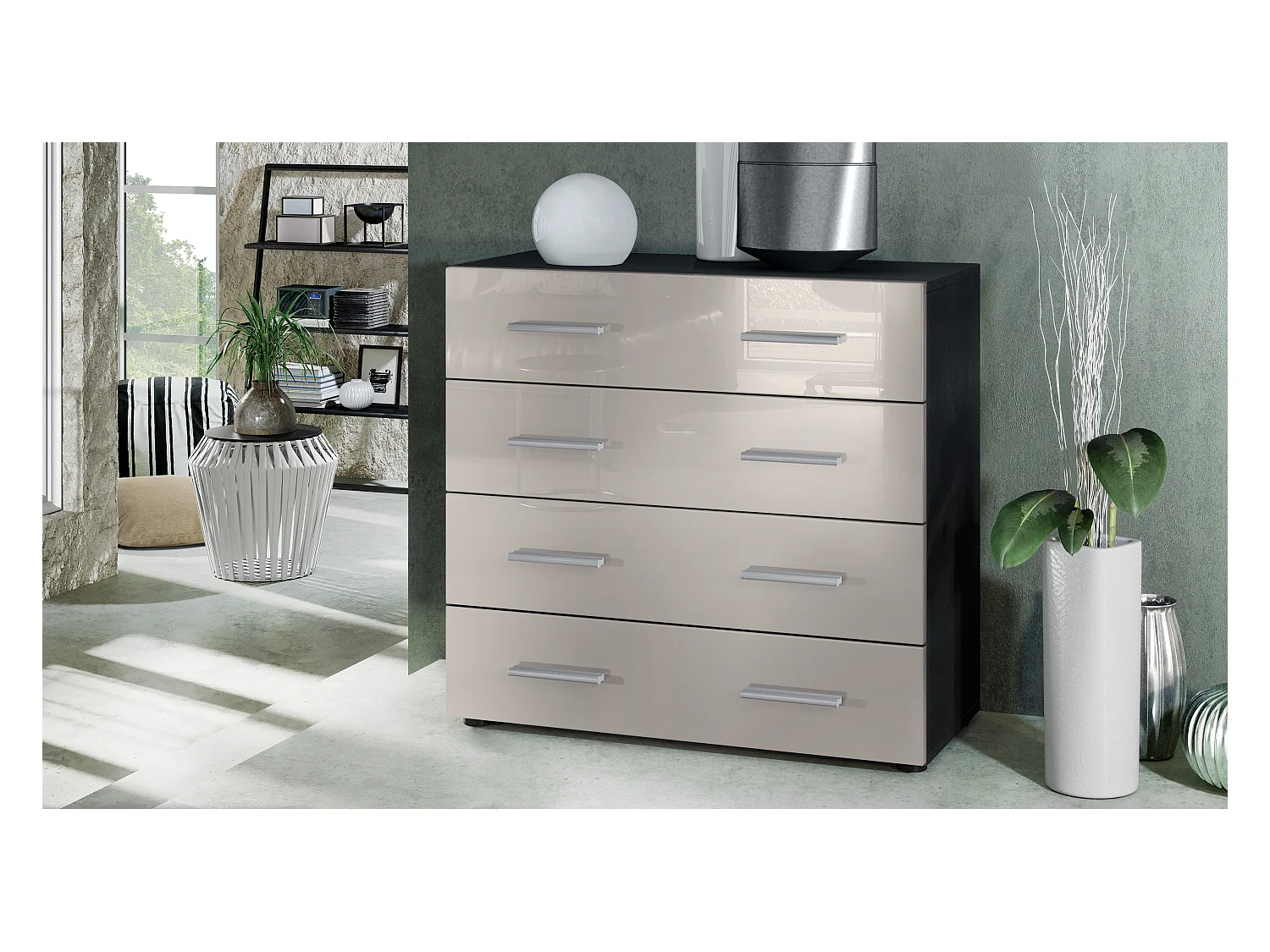 Buffet Pavos, Commode avec 4 tiroirs, noir mat/gris sable haute brillance (76 x 72 x 35 cm)