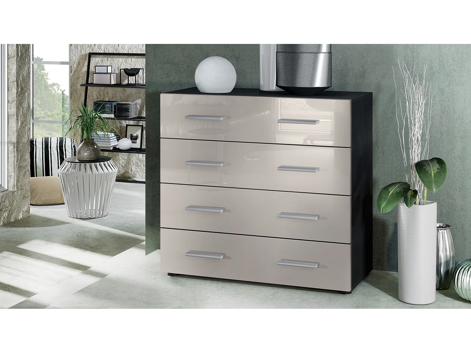 Vladon Madia Pavos, mobile con 4 cassetti, nero opaco/grigio sabbia lucido (76 x 72 x 35 cm)