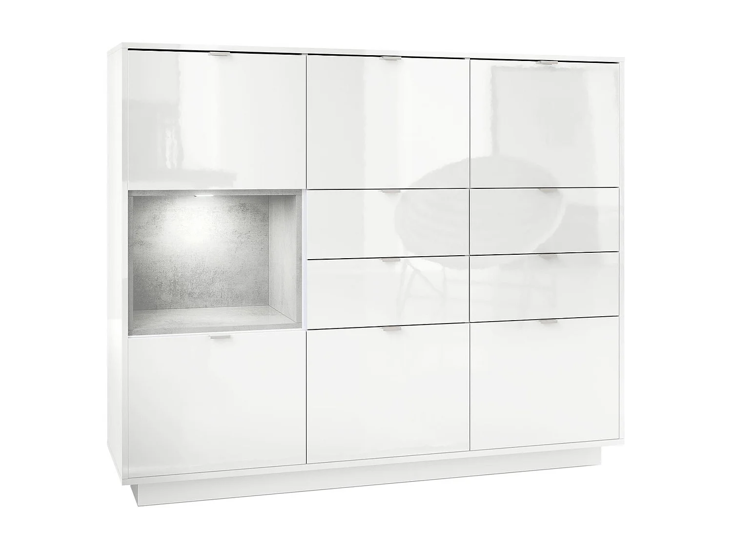 Buffet haut Armoire Metro V2, Corps en Blanc haute brillance / Façades en Blanc haute brillance avec une insertion en Aspect Béton Oxyde, incl. L'éclairage LED