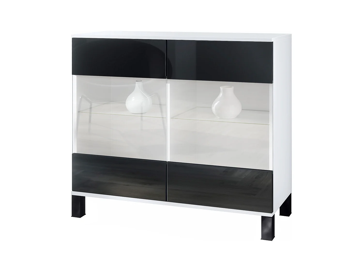 Cómoda Bari V3, Moderno armario de cocina con 2 grandes puertas de cristal blanco mate / negro de alto brillo (92,5 x 84.5 x 35)