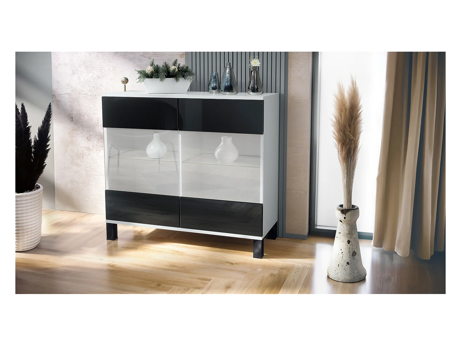 Cómoda Bari V3, Moderno armario de cocina con 2 grandes puertas de cristal blanco mate / negro de alto brillo (92,5 x 84.5 x 35)