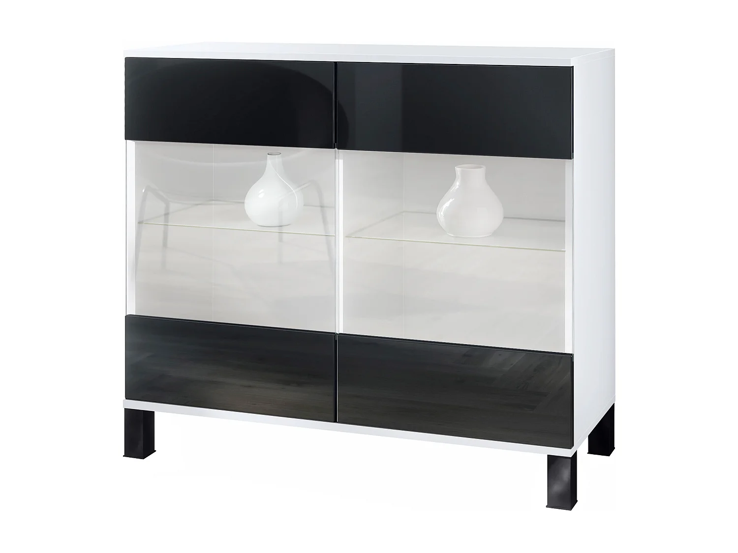 Cassettiera Bari V3, Mobile da cucina moderno con 2 grandi ante in vetro bianco opaco / nero lucido (92,5 x 84.5 x 35)