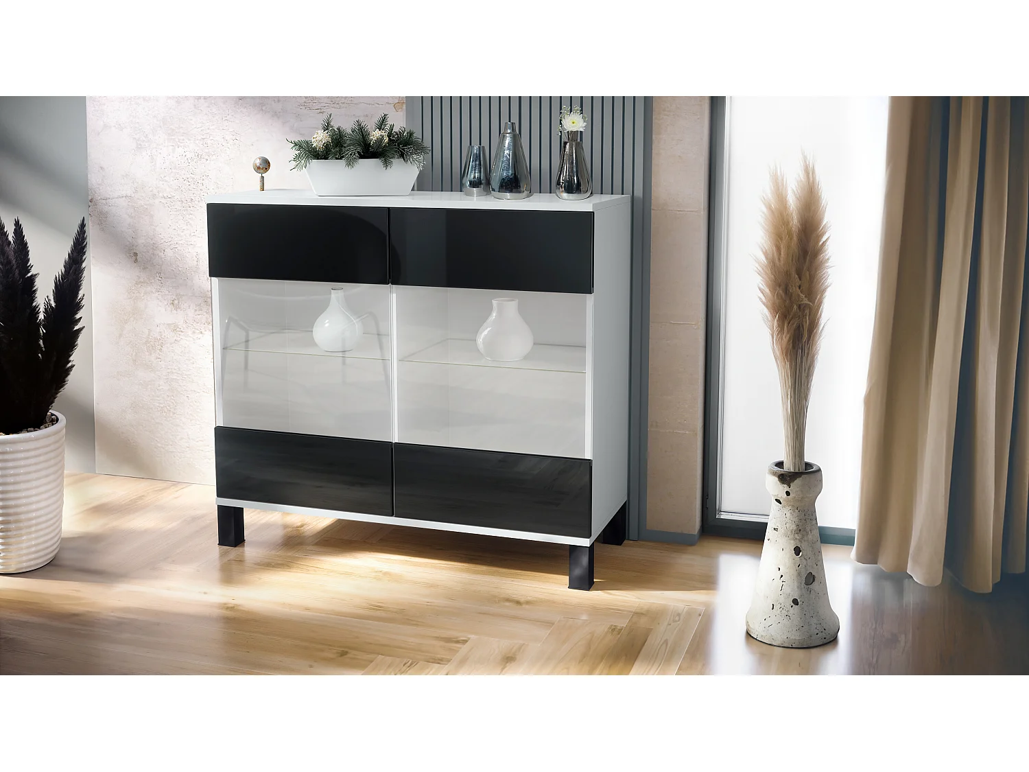 Cassettiera Bari V3, Mobile da cucina moderno con 2 grandi ante in vetro bianco opaco / nero lucido (92,5 x 84.5 x 35)