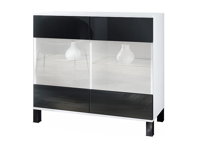 Commode Bari V3, Armoire de cuisine moderne avec 2 grandes portes vitrées blanc mat / noir haute brillance (92,5 x 84.5 x 35)