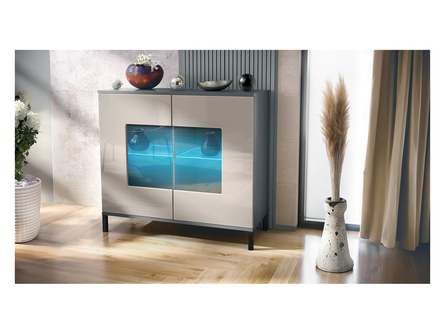 Commode Grömitz V3, Armoire de cuisine moderne avec 2 grandes portes vitrées incl. éclairage RGB anthracite mat / gris sable haute brillance (92,5 x 83.5 x 35)