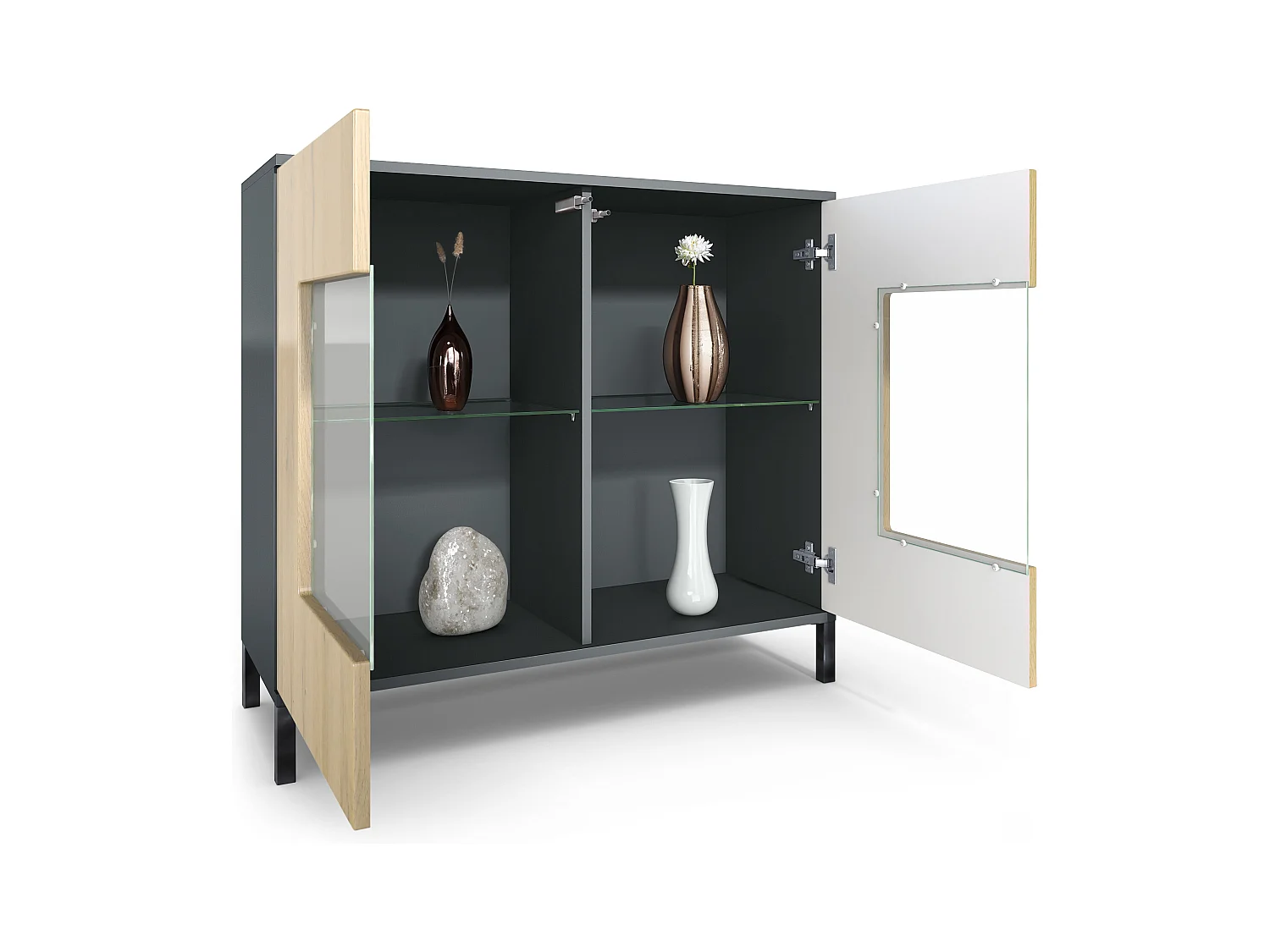 Commode Grömitz V3, Armoire de cuisine moderne avec 2 grandes portes vitrées incl. éclairage RGB anthracite mat / gris sable haute brillance (92,5 x 83.5 x 35)