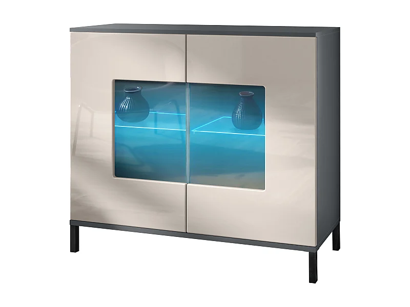 Cassettiera Grömitz V3, Mobile da cucina moderno con 2 grandi ante in vetro incl. illuminazione RGB antracite opaco  / grigio sabbia lucido (92,5 x 83.5 x 35)