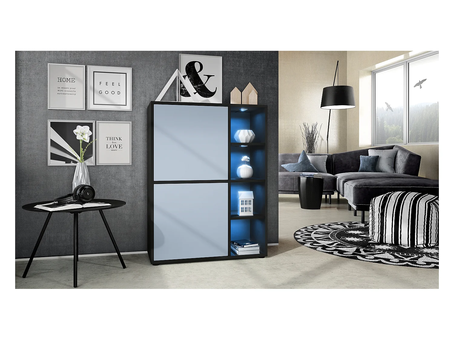 Buffet haut Cuba avec 8 compartiments, caisson en noir mat / Façades en Denim mat avec éclairage LED RGB