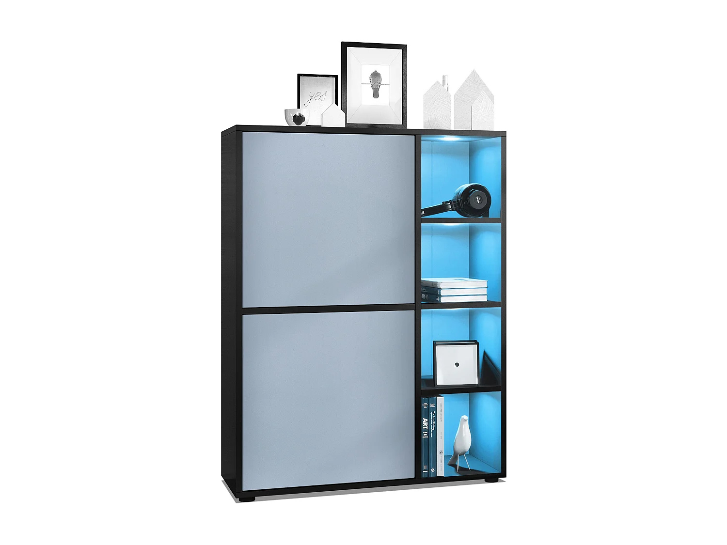 Buffet haut Cuba avec 8 compartiments, caisson en noir mat / Façades en Denim mat avec éclairage LED RGB